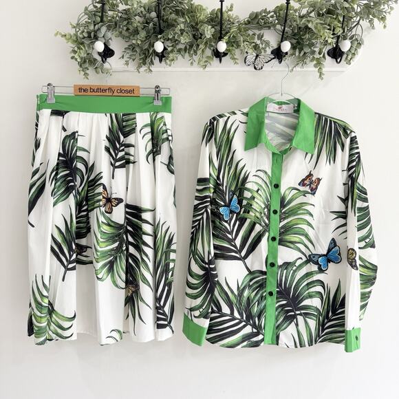 CHOSEN Dresses & Skirts - CHOSEN butterfly Tropical Palm Leaf Print Blouse And Skirt Set Medium 6-4931